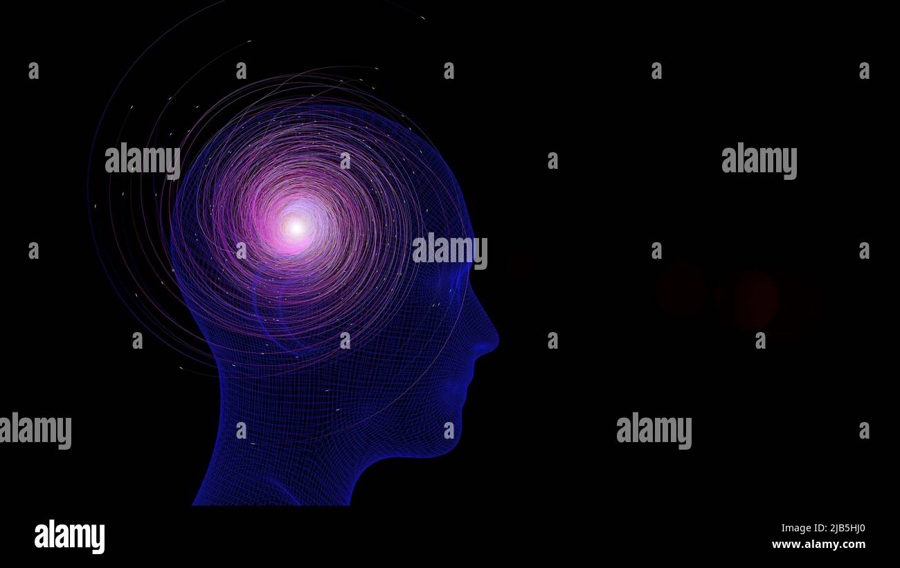 3D Bewusstsein, Geist, Hirnhintergrund. Abstrakte farbige Kugel im digitalen Kopf. Entwicklung, Neuronen, Netzwerk, künstliche Intelligenz, Konzept der menschlichen Biologie. Hochwertige Illustration Stockfoto