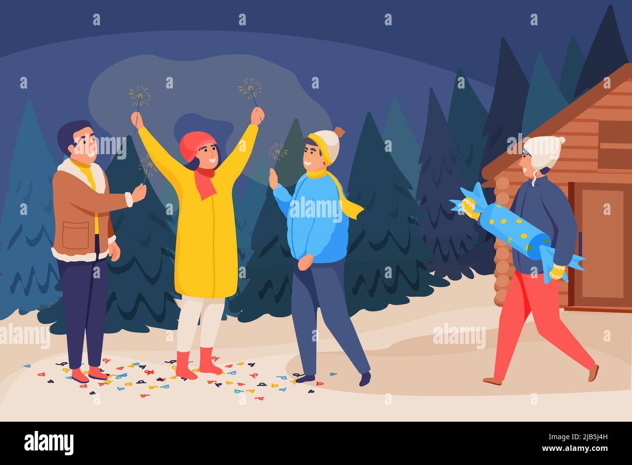 Glückliche Feier Menschen Komposition mit Outdoor-Landschaft und Gruppe von Freunden flache Charaktere Brennen Feuerwerk Wunderkerzen Vektor-Illustration Stock Vektor