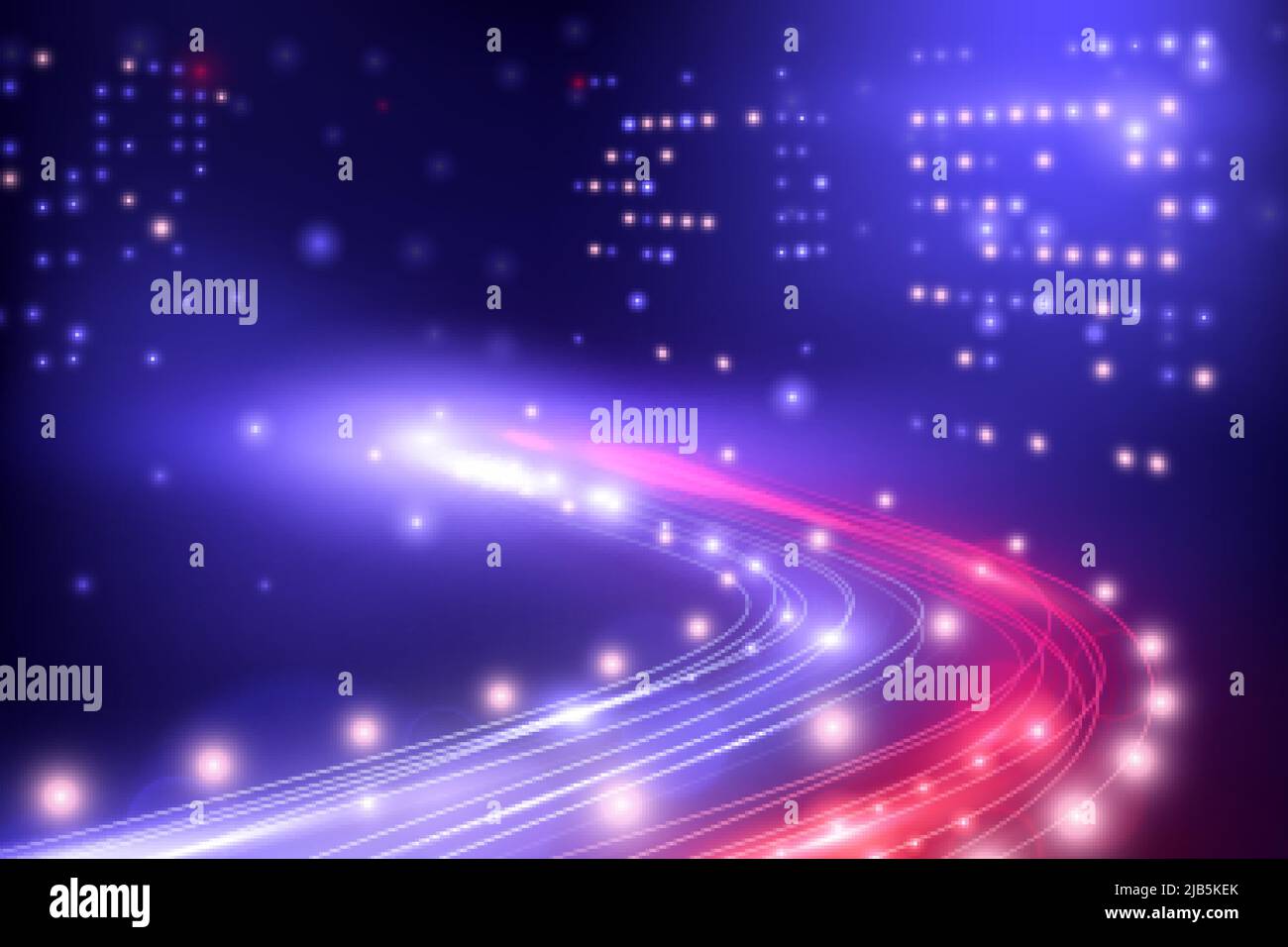 Nächtliche Stadtlichter Komposition mit Blick auf glänzende Autobahn mit Autolampen umgeben von hohen Gebäuden Vektor-Illustration Stock Vektor