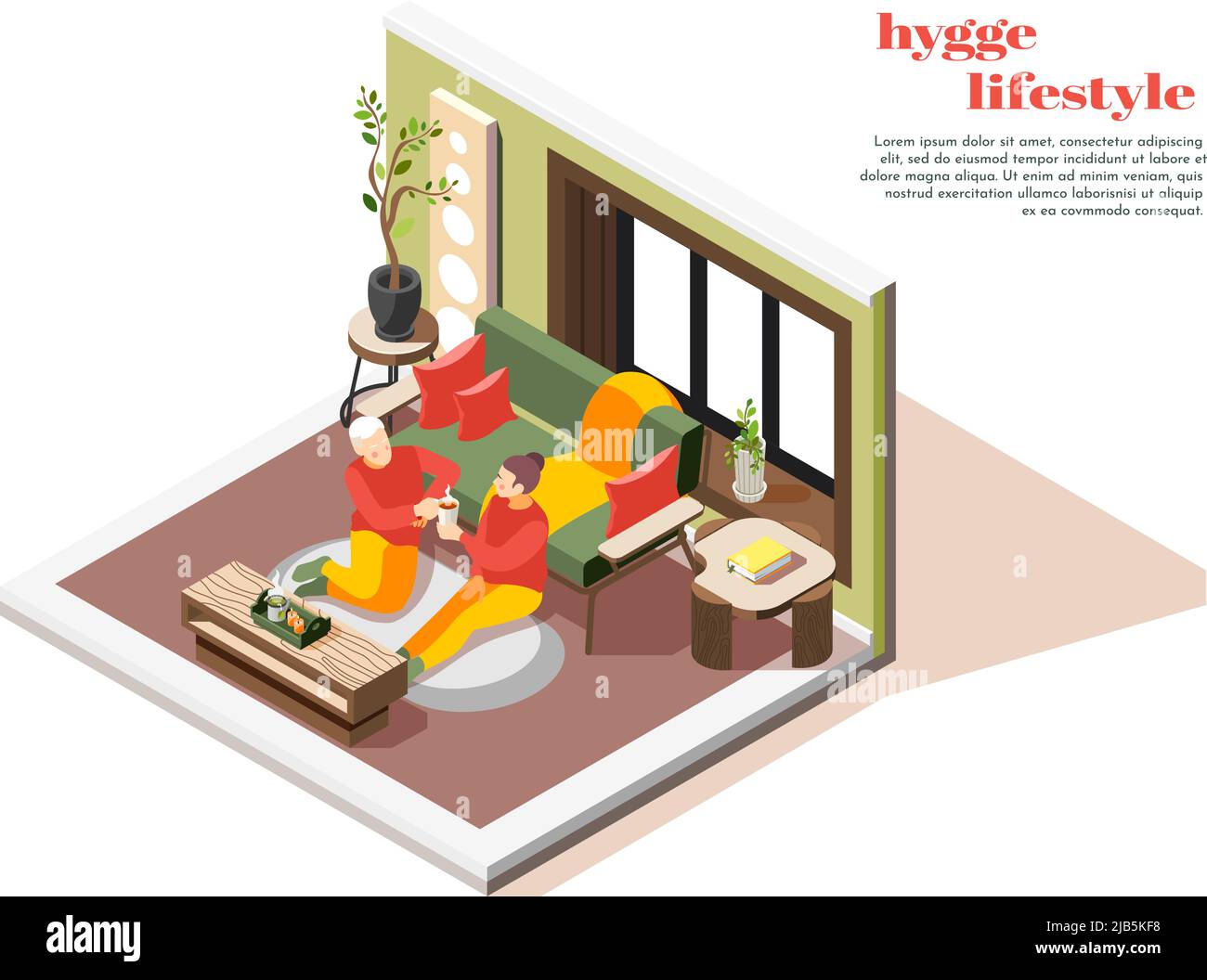 Hygge Lifestyle isometrische Zusammensetzung mit Paar bequem zu Hause auf dem Boden Teppich nippen heiße Schokolade Vektor-Illustration Stock Vektor