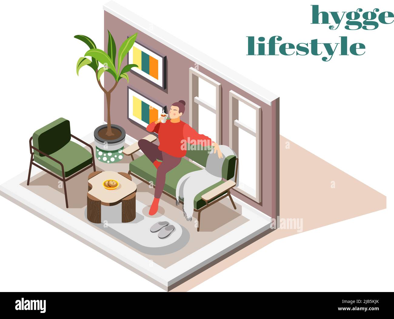 Junge Frau in gemütlichen Pullover genießen Hygge Lebensstil schlürfen heiße Schokolade auf Sofa isometrische Zusammensetzung Vektor Illustration Stock Vektor