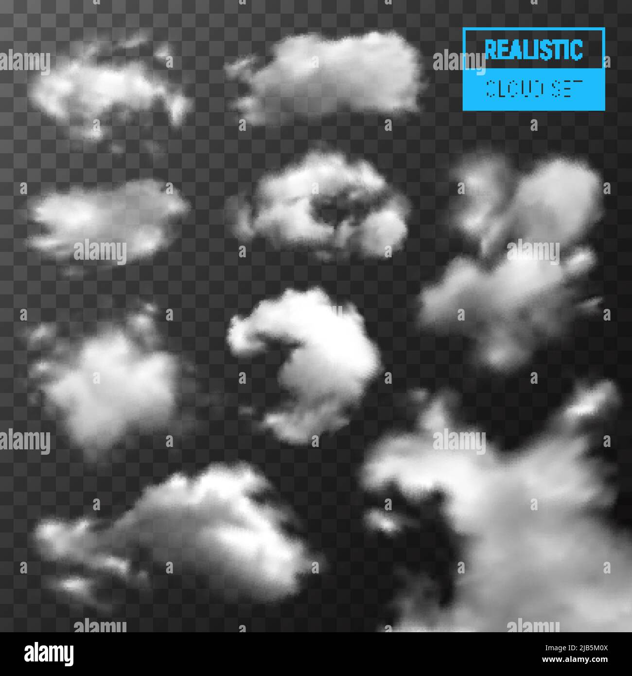 Wolken verschiedene Arten und Formen realistisch gesetzt mit stratus Cumulus gegen dunklen transparenten Hintergrund monochrome Vektor-Illustration Stock Vektor