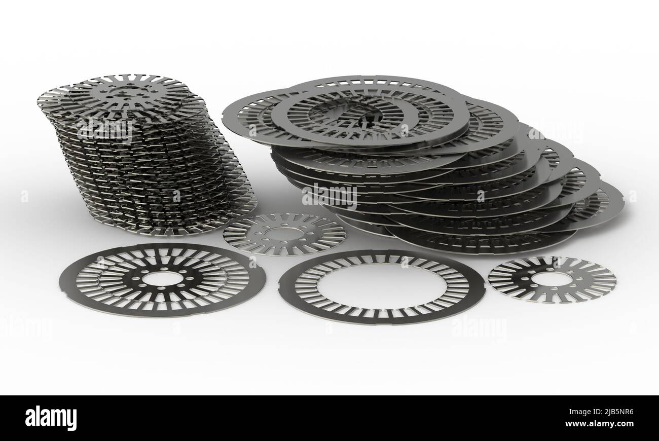 Elektromagnetische Platten für Stator und Rotor, 3D Rendering isoliert auf weißem Hintergrund Stockfoto