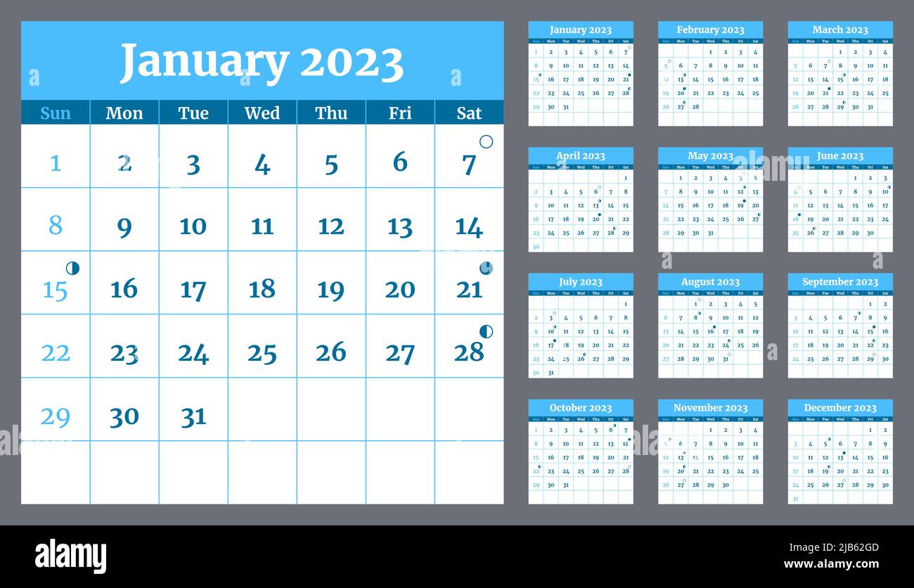 Blau-weiße Kalendervorlage 2023 mit Mondphasen. Die Woche beginnt am sonntag. Wandkalender im minimalistischen Stil. Monatlicher Cycle Planner. Horizontal Stock Vektor