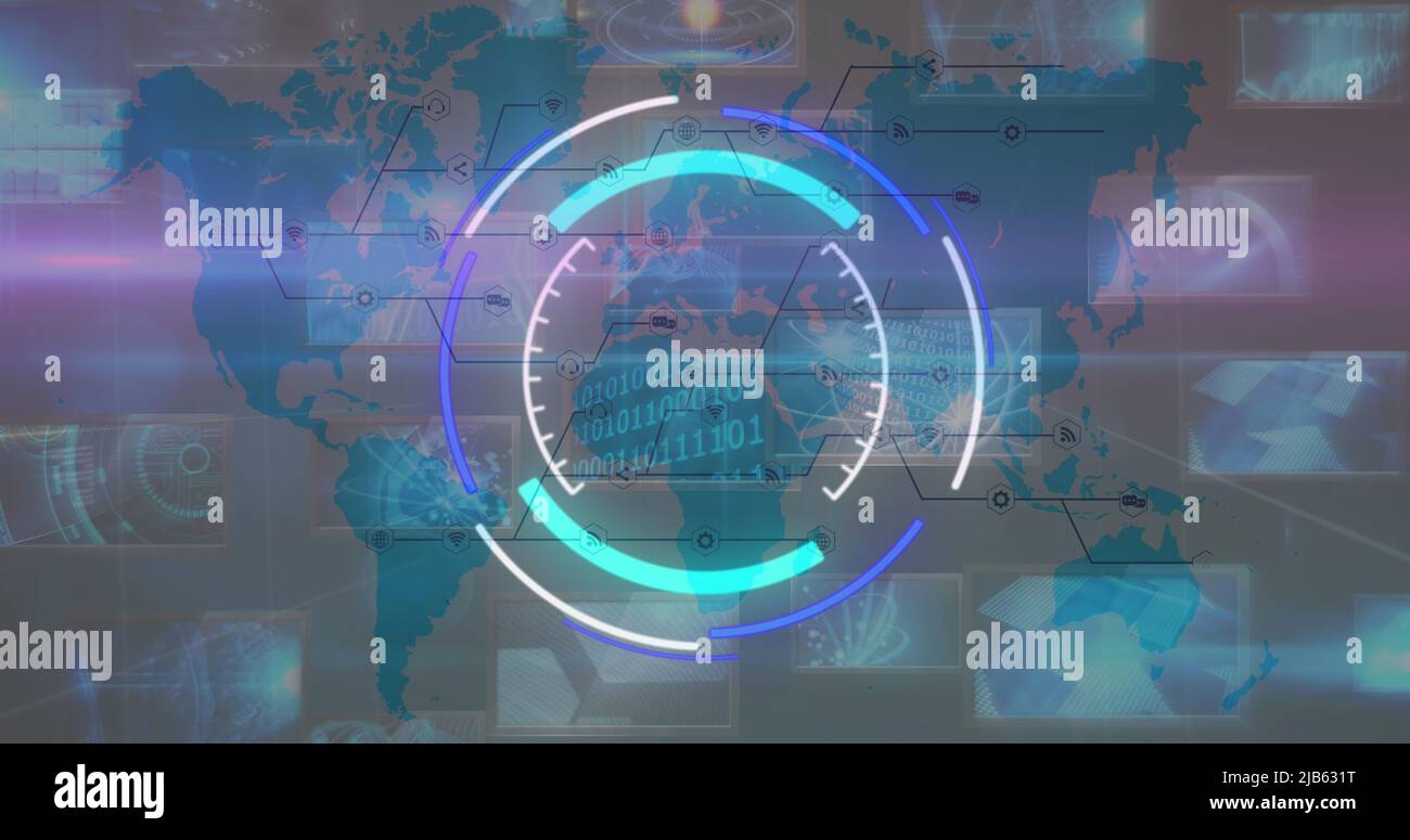 Bild des Verarbeitungskreises und sich ändernder Zahlen über diverse Daten und Weltkarte Stockfoto