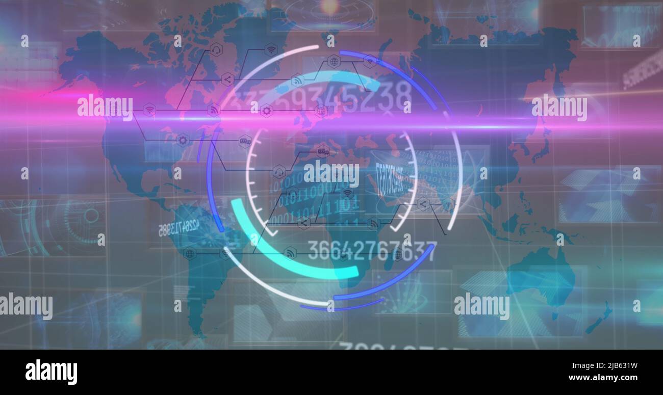 Bild des Verarbeitungskreises und sich ändernder Zahlen über diverse Daten und Weltkarte Stockfoto