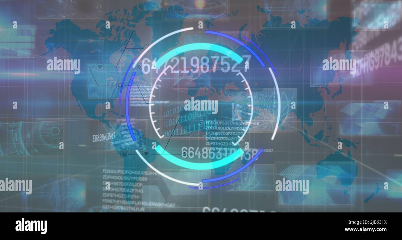 Bild des Verarbeitungskreises und sich ändernder Zahlen über diverse Daten und Weltkarte Stockfoto