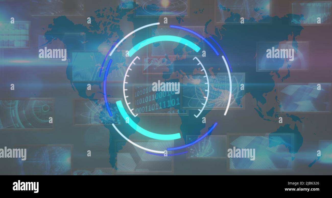 Bild des Verarbeitungskreises und sich ändernder Zahlen über diverse Daten und Weltkarte Stockfoto