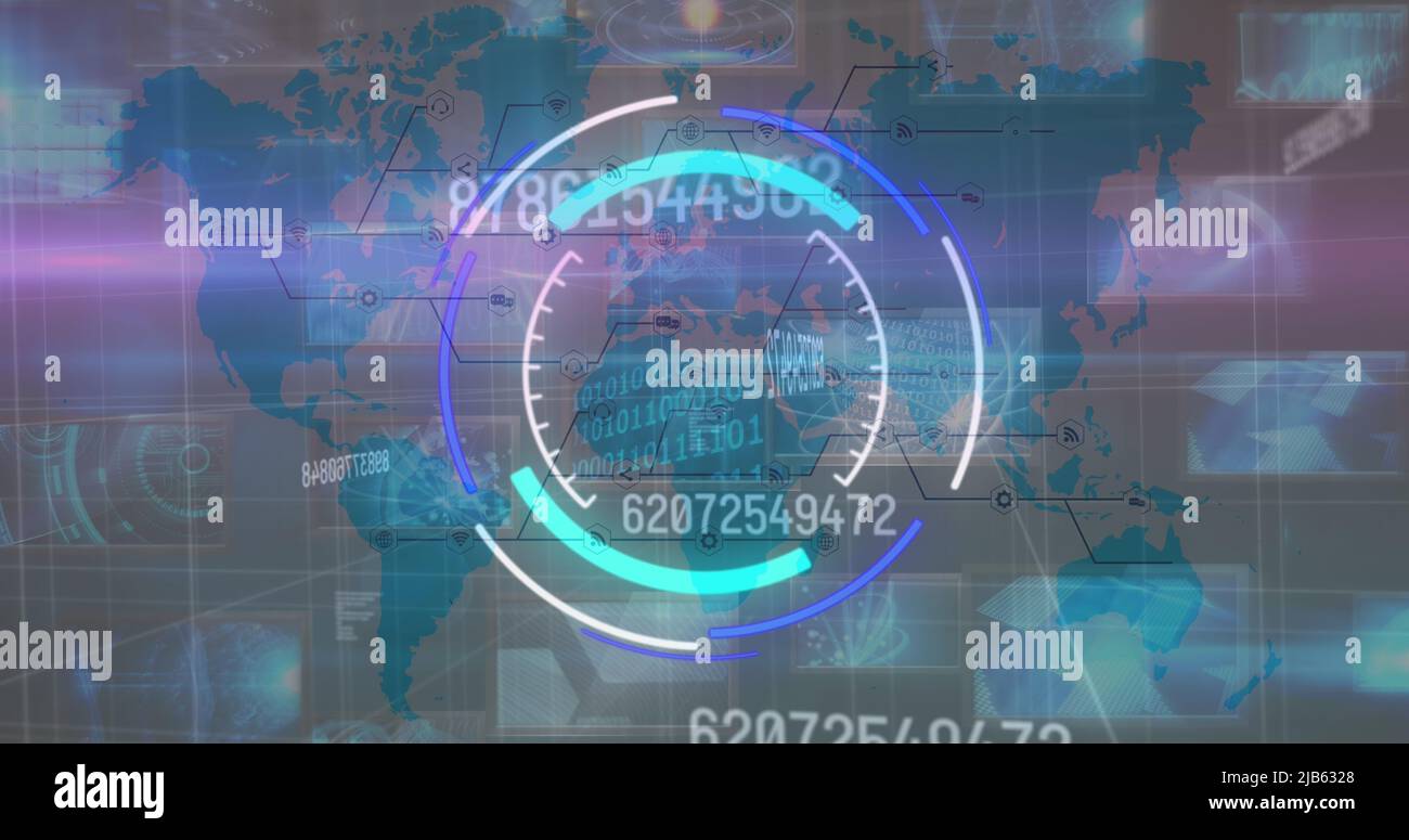 Bild des Verarbeitungskreises und sich ändernder Zahlen über diverse Daten und Weltkarte Stockfoto