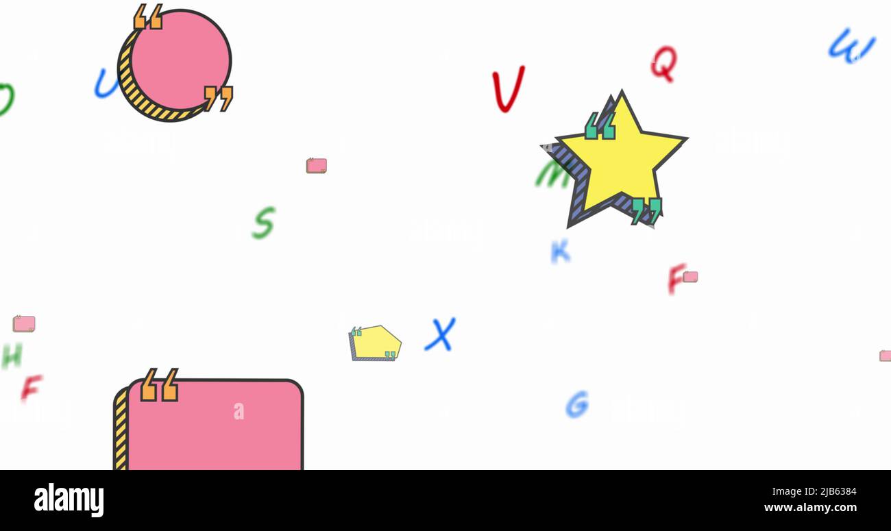 Digitales Bild von bunten Buchstaben und leeren Textbannern, die vor weißem Hintergrund schweben Stockfoto