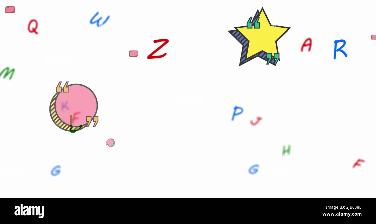 Digitales Bild von bunten Buchstaben und leeren Textbannern, die vor weißem Hintergrund schweben Stockfoto