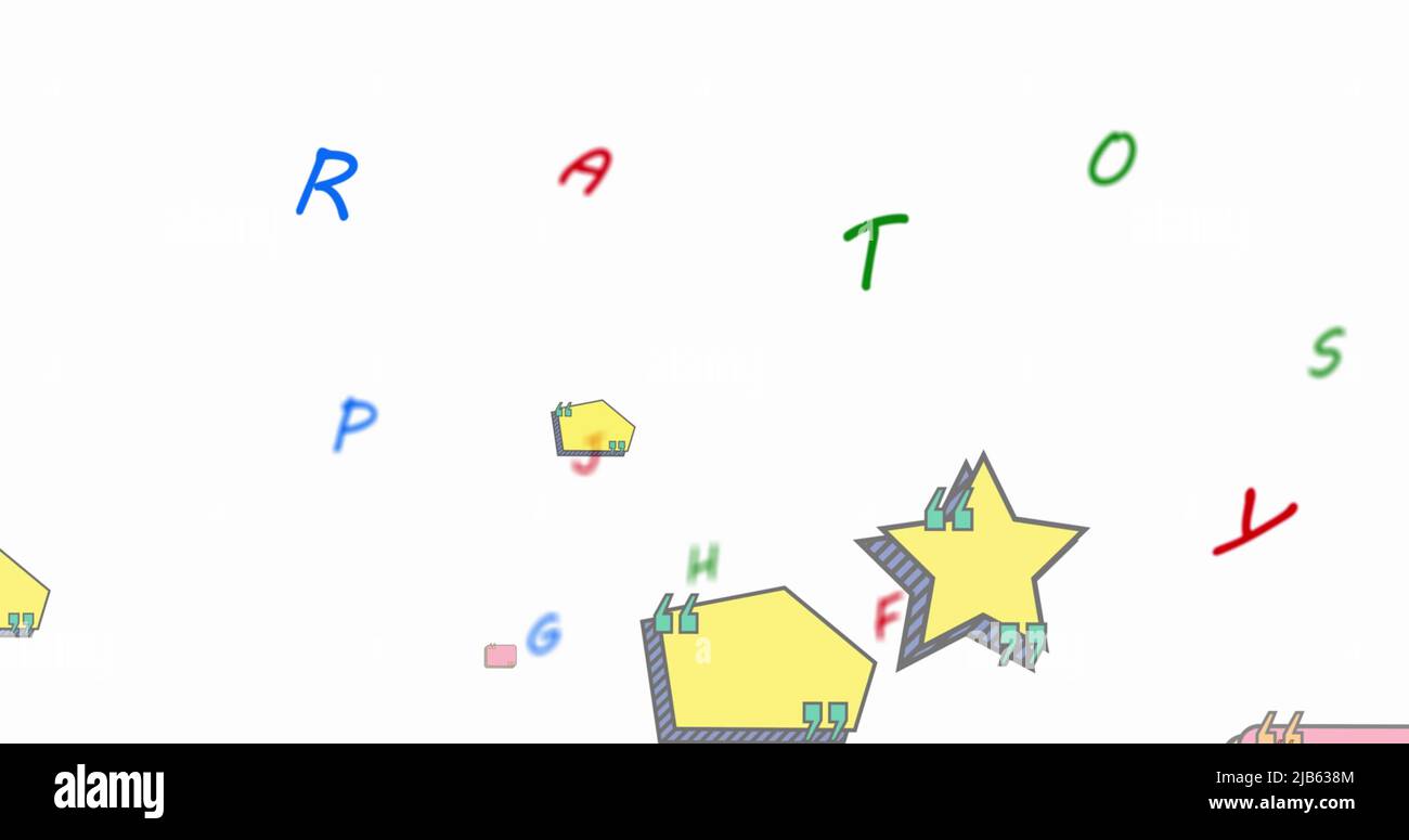 Digitales Bild von bunten Buchstaben und leeren Textbannern, die vor weißem Hintergrund schweben Stockfoto