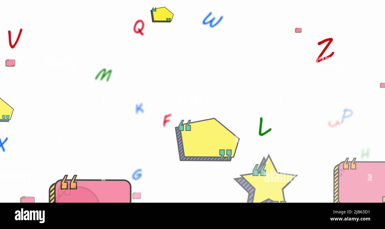 Digitales Bild von bunten Buchstaben und leeren Textbannern, die vor weißem Hintergrund schweben Stockfoto