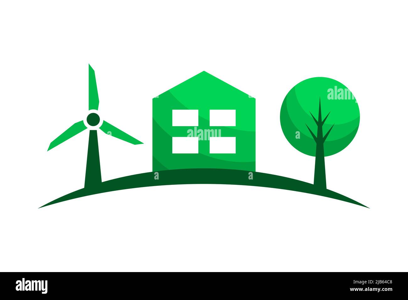 Green Housing Konzept. Windmühle, Haus und ein Baum. Umweltfreundliche Immobilien. Nachhaltige Wohnidee. Saubere Energiequellen. Vektor Stock Vektor