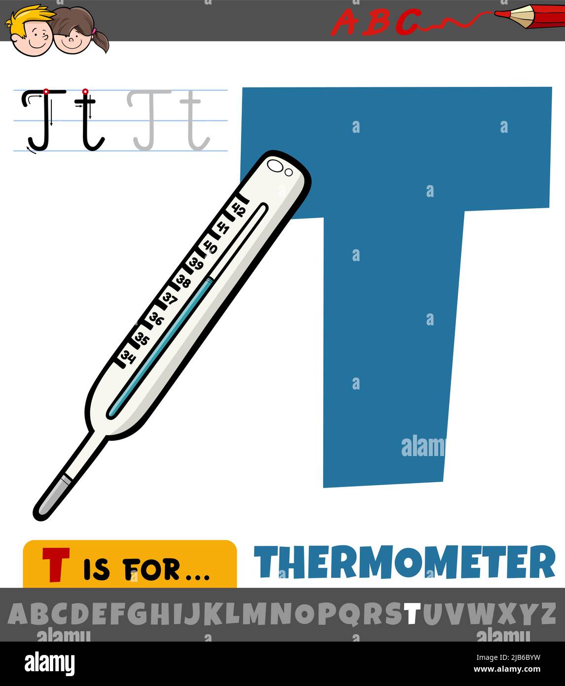 Pädagogische Karikatur Illustration des Buchstaben T aus Alphabet mit Thermometer-Gerät Stock Vektor