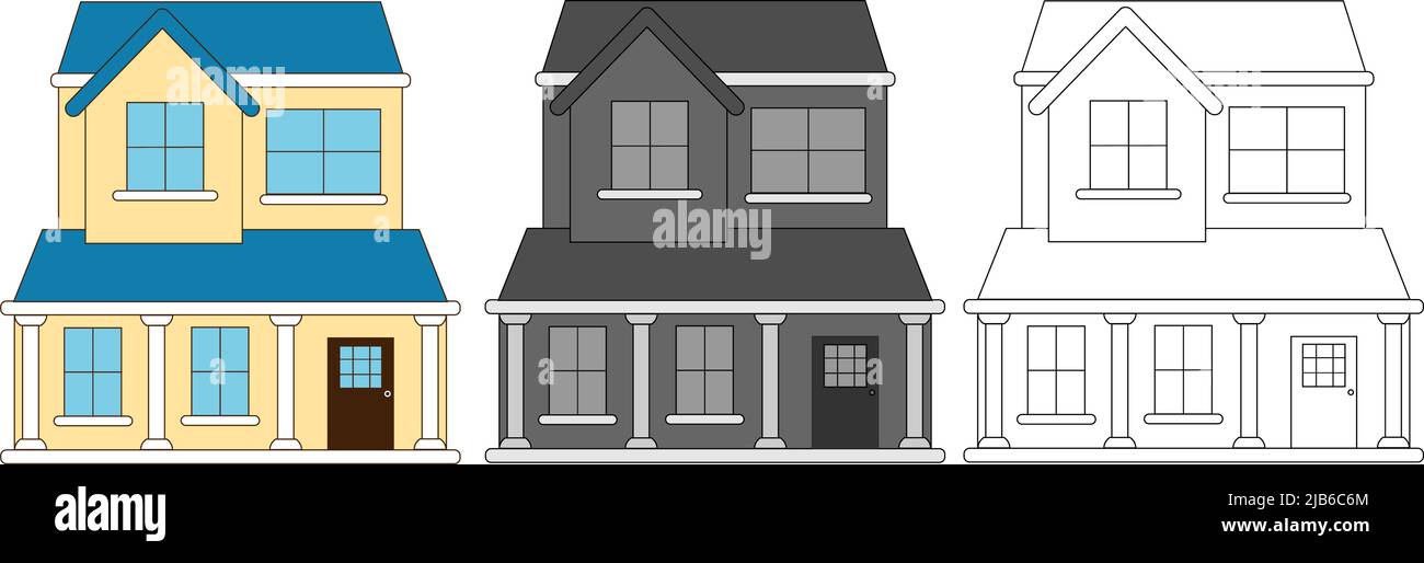 Set aus Landhaus im Cartoon-Stil. Farbenfrohes, monochromes und liniges Gebäudedesign. Stock Vektor