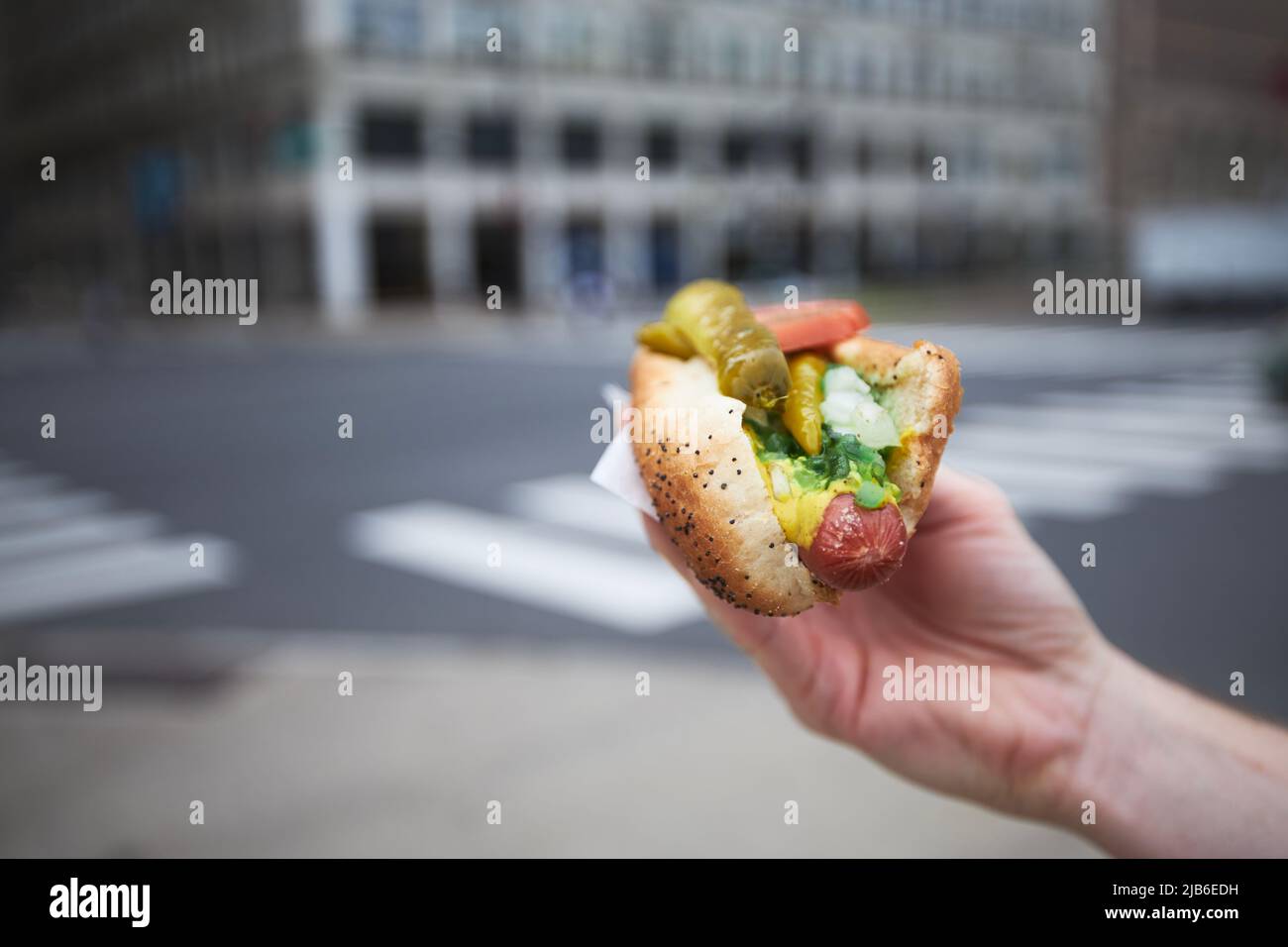 Nahaufnahme eines Hand-Hotdog. Street Food in Chicago. Stockfoto