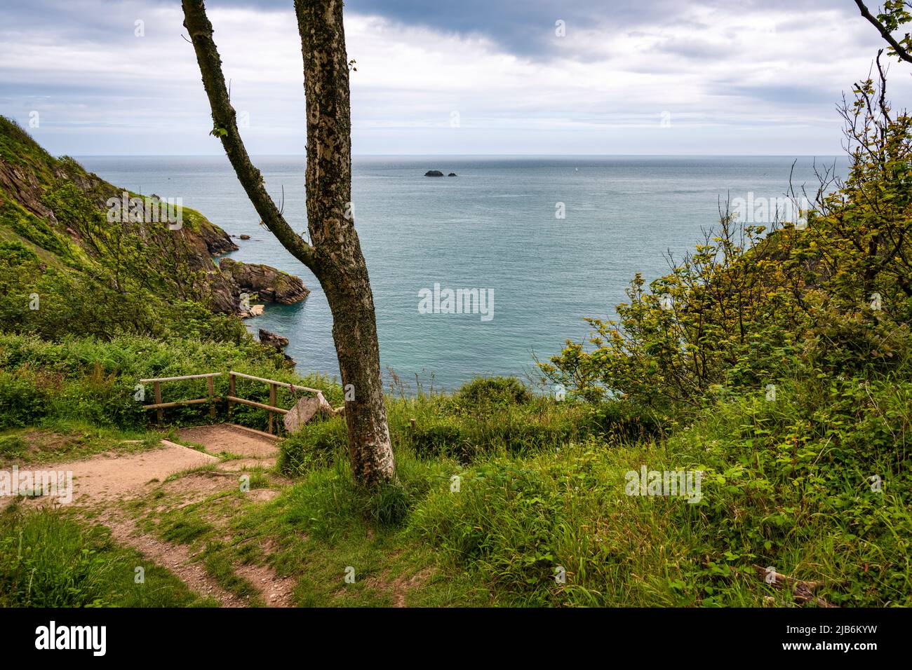 Blick auf die Küste von Coleton Fishacre, Devon, Großbritannien. Eastern Black Rock kann im Meer gesehen werden. Stockfoto