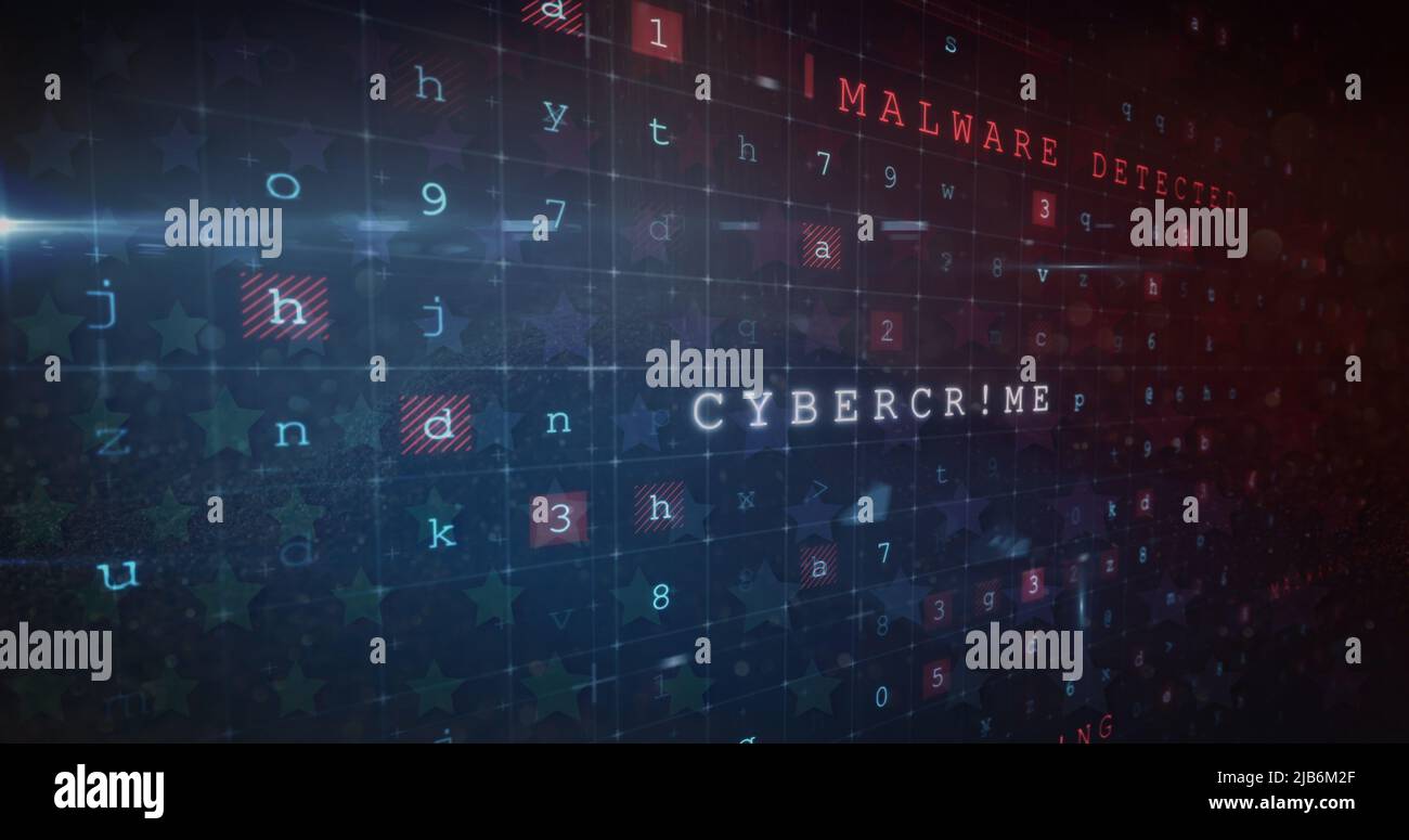 Bild der Warnung vor Cyberangriffen über Sternen auf schwarzem Hintergrund Stockfoto