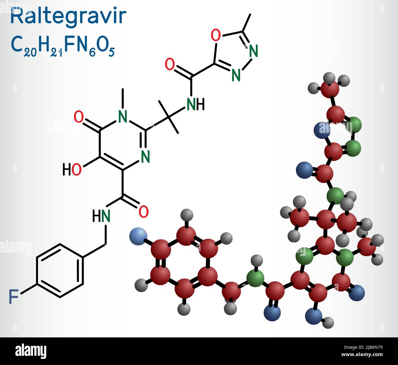 RALTEGRAVIR, RAL-Molekül. Es handelt sich um antiretrovirale Medikamente, die zur Behandlung von HIV und AIDS verwendet werden. Strukturelle chemische Formel und Molekülmodell. Vektorgrafiken Stock Vektor