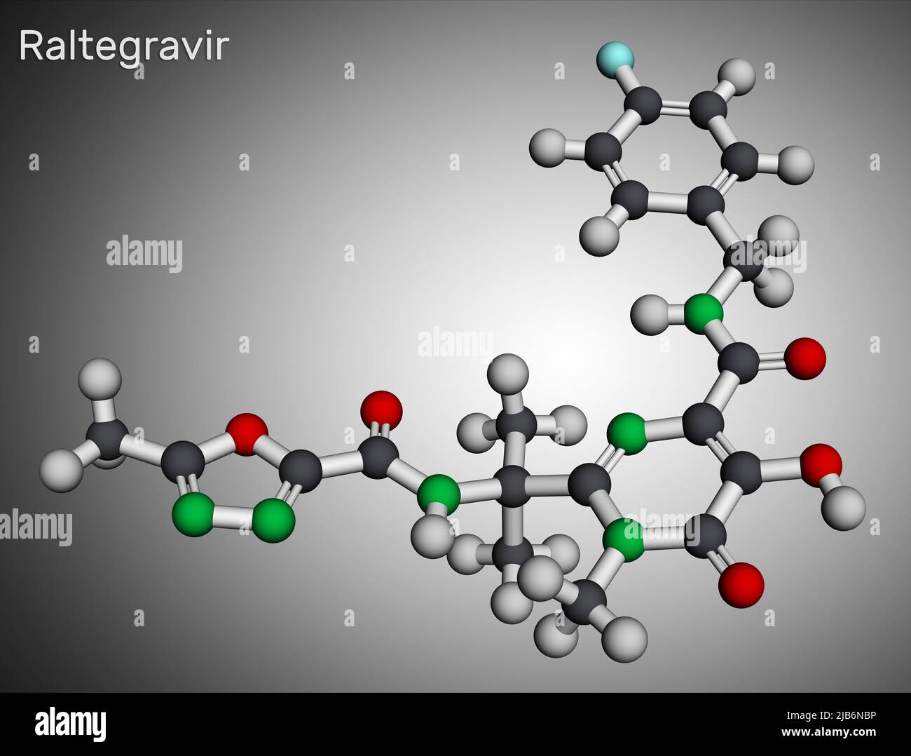 RALTEGRAVIR, RAL-Molekül. Es handelt sich um antiretrovirale Medikamente, die zur Behandlung von HIV und AIDS verwendet werden. Molekularmodell. 3D Rendern Stockfoto