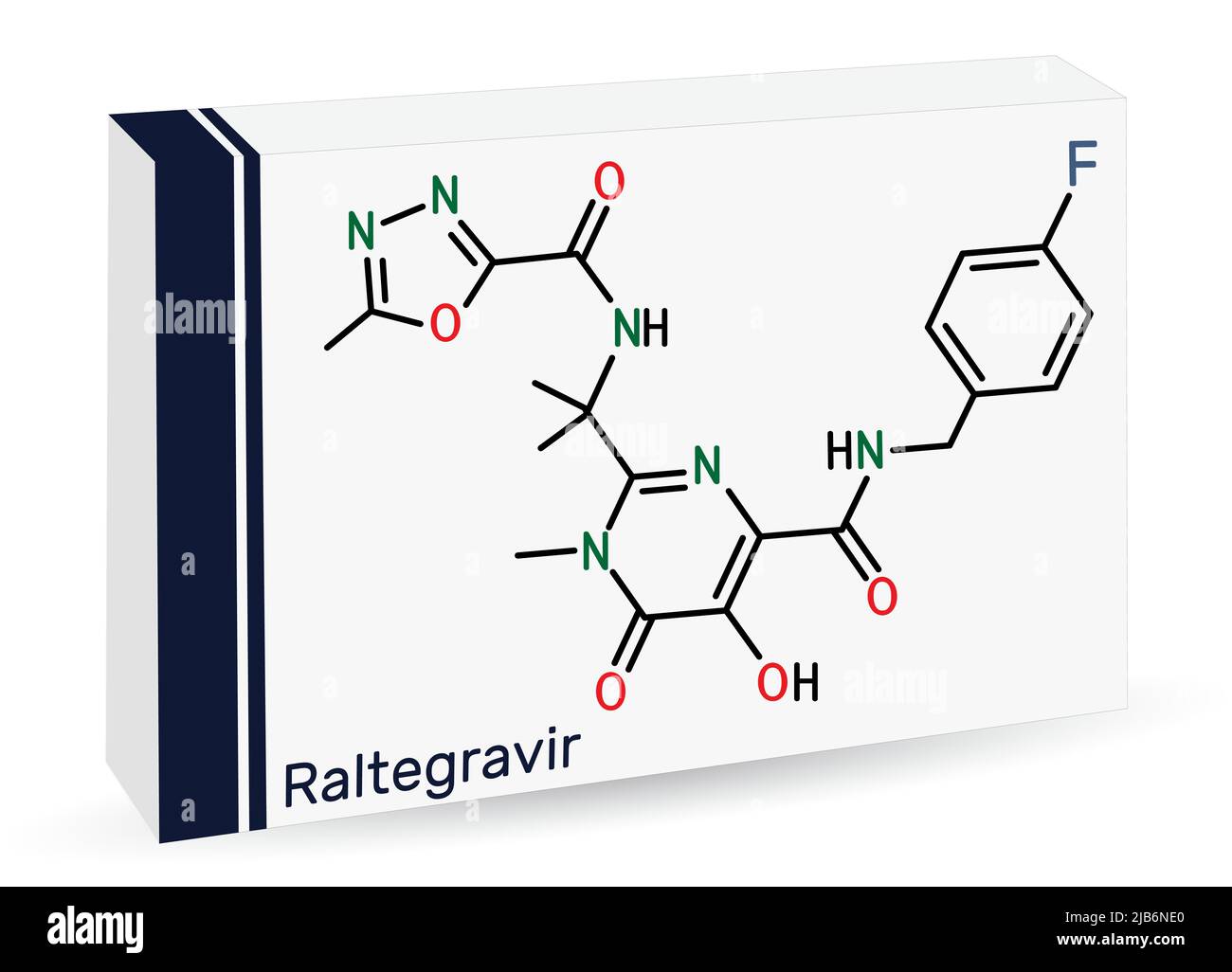 RALTEGRAVIR, RAL-Molekül. Es handelt sich um antiretrovirale Medikamente, die zur Behandlung von HIV und AIDS verwendet werden. Chemische Formel des Skeletts. Papierverpackungen für Medikamente. Vektorgrafik Stock Vektor