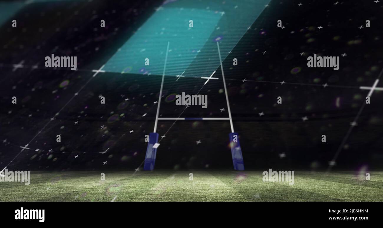 Bild der Scannerverarbeitung über dem Rugby-Tor auf dem Spielfeld Stockfoto