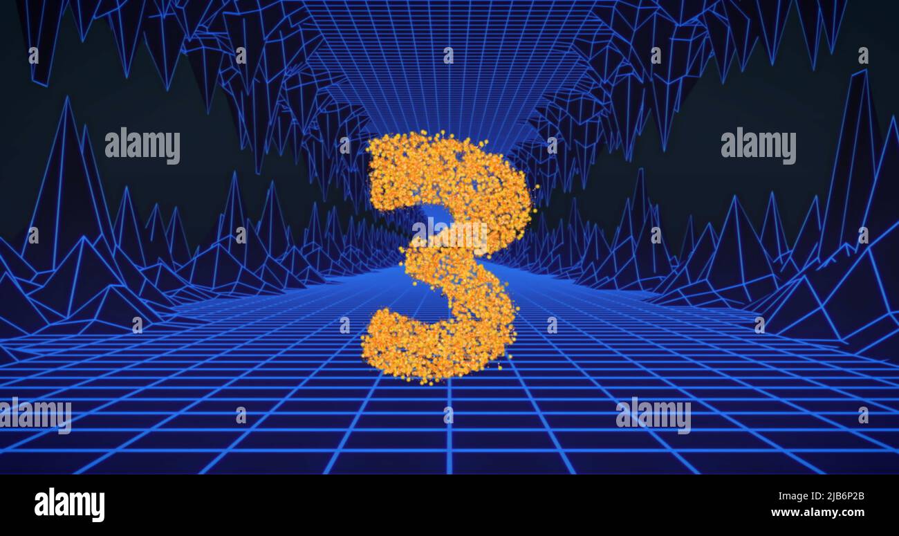 Bild von glitzernden Zahlen, die von 10 auf 0 über blauem Gittertunnel auf Schwarz heruntergezählt werden Stockfoto