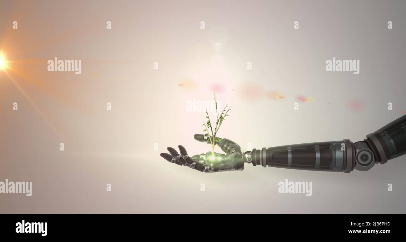 Bild einer wachsenden Pflanze in der Hand eines Roboterarms, mit orangefarbenem Licht auf grauem Hintergrund Stockfoto