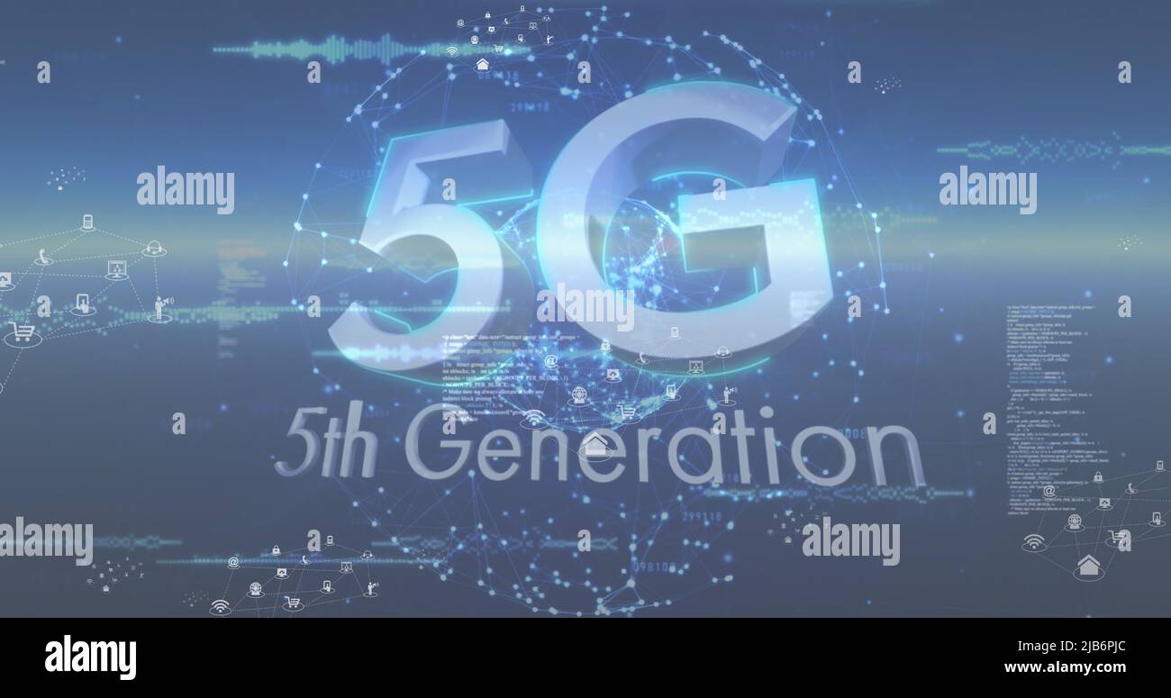 Bild von Symbolen, Datenverarbeitung und 5G über Globus und blauem Hintergrund Stockfoto