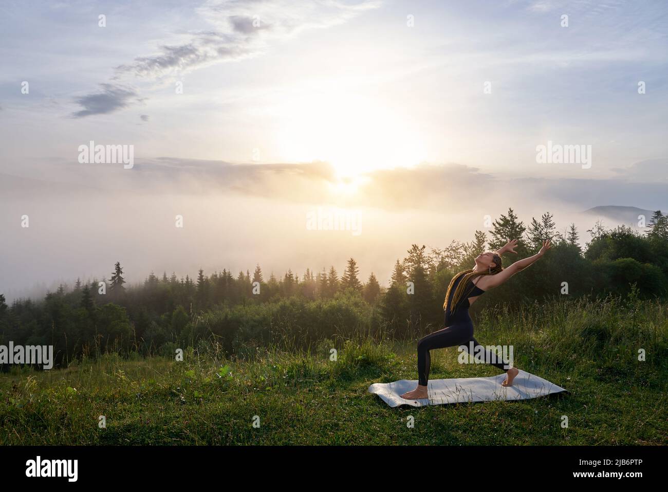 Junge Frau mit schlankem Körper, die morgens im Freien Yoga praktiziert. Aktive weibliche Person mit Zöpfen, die im Sommer regelmäßig an der frischen Luft trainieren. Stockfoto
