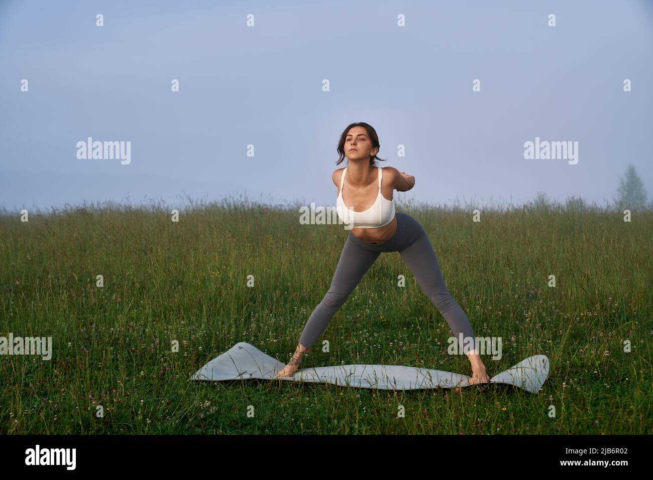 Aktive junge Frau in Sportkleidung genießen Morgentraining in grüner Natur. Regelmäßiges Training an der frischen Luft. Konzept der gesunden Lebensweise. Stockfoto