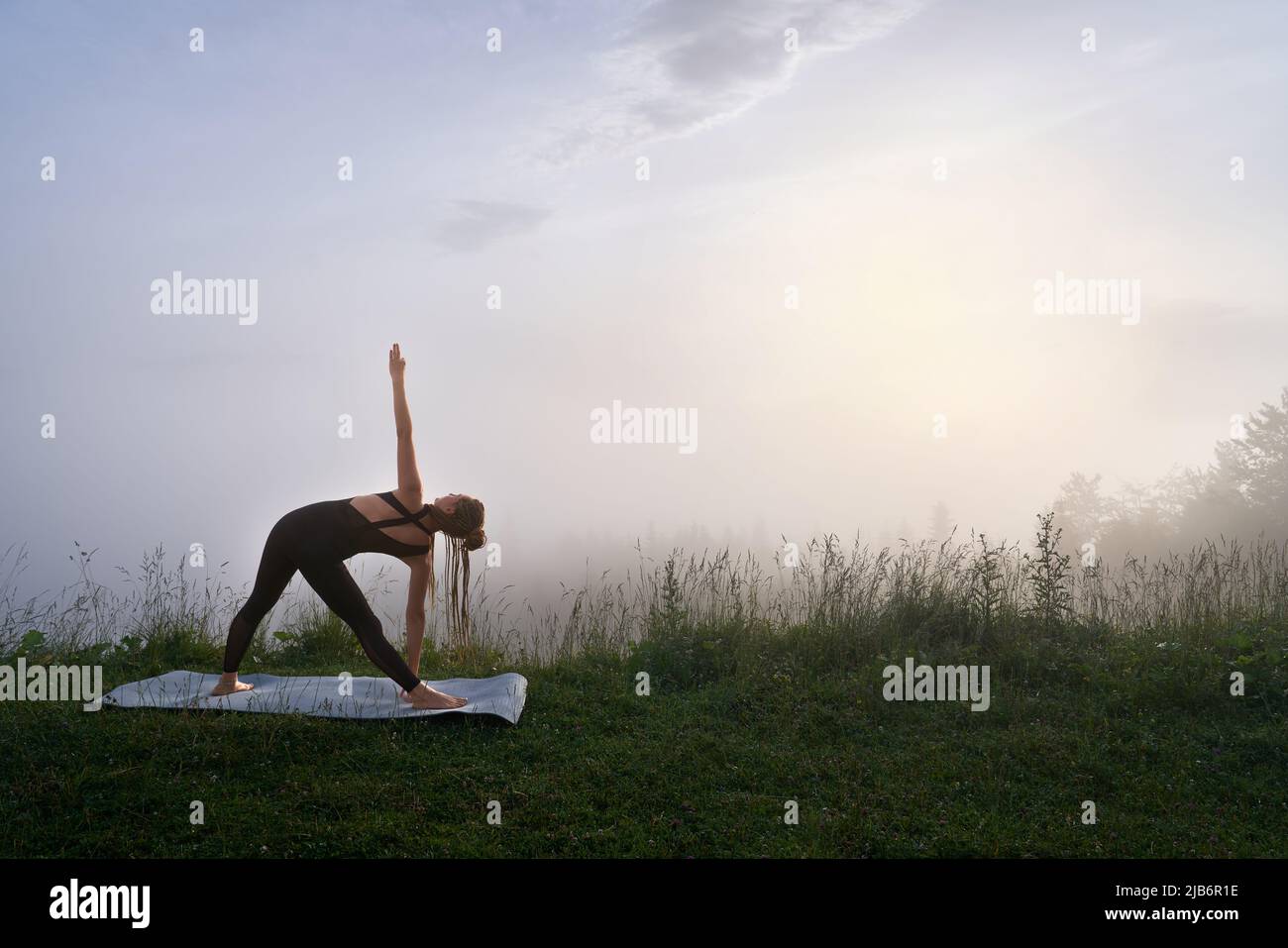 Aktive Frau mit langen Zöpfen, die morgens Yoga-Training in grüner Natur macht. Junge schlanke weibliche in schwarzen Sportkleidung genießen Outdoor-Training. Stockfoto