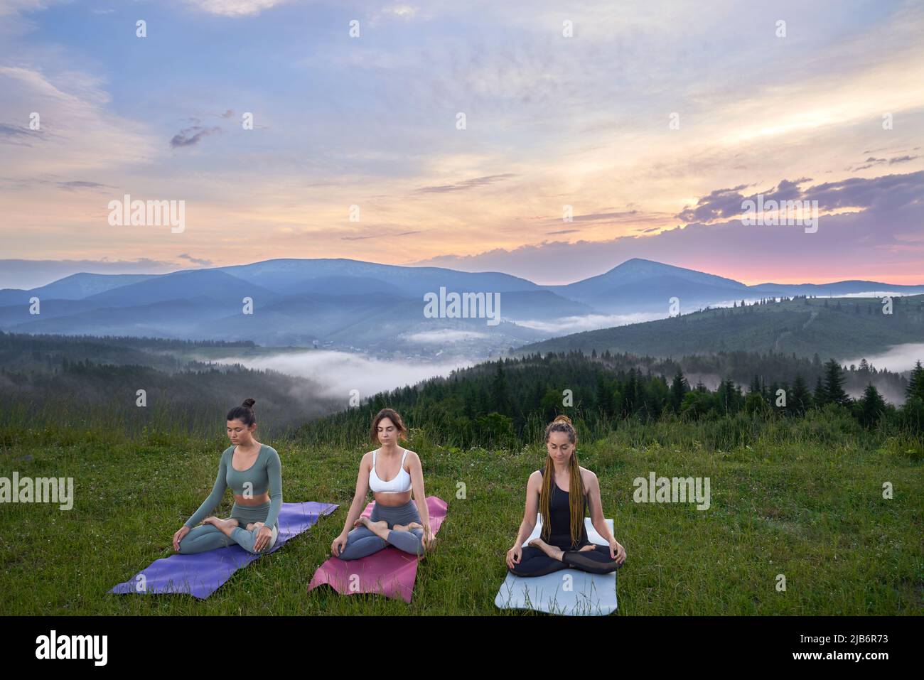 Gruppe von jungen fit Frauen in Sportkleidung gekleidet genießen Outdoor-Meditation im Sommer. Konzept der Menschen, aktive und gesunde Lebensweise. Stockfoto