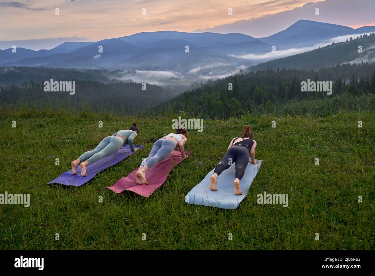Aktive junge Frauen in Sportkleidung, die Yoga in der Sommernatur praktizieren. Drei Freundinnen trainieren regelmäßig gemeinsam an frischer Luft. Stockfoto
