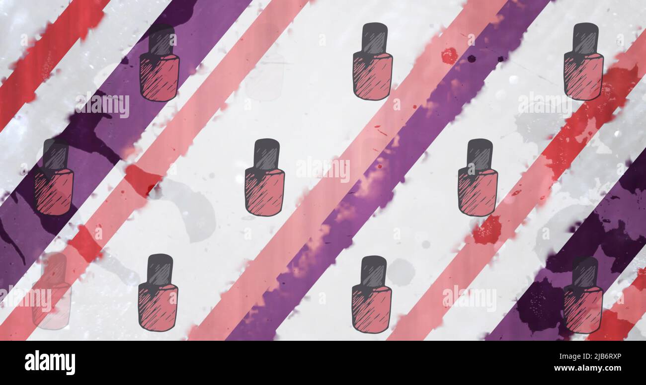 Bild von Nagellack-Ikonen über bunten Linien auf weißem Hintergrund Stockfoto