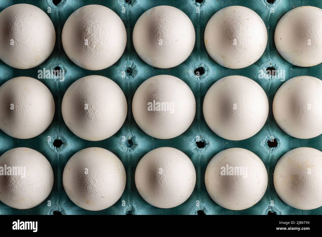 Bio-Eier in einer grünen Eierbox angeordnet Stockfoto