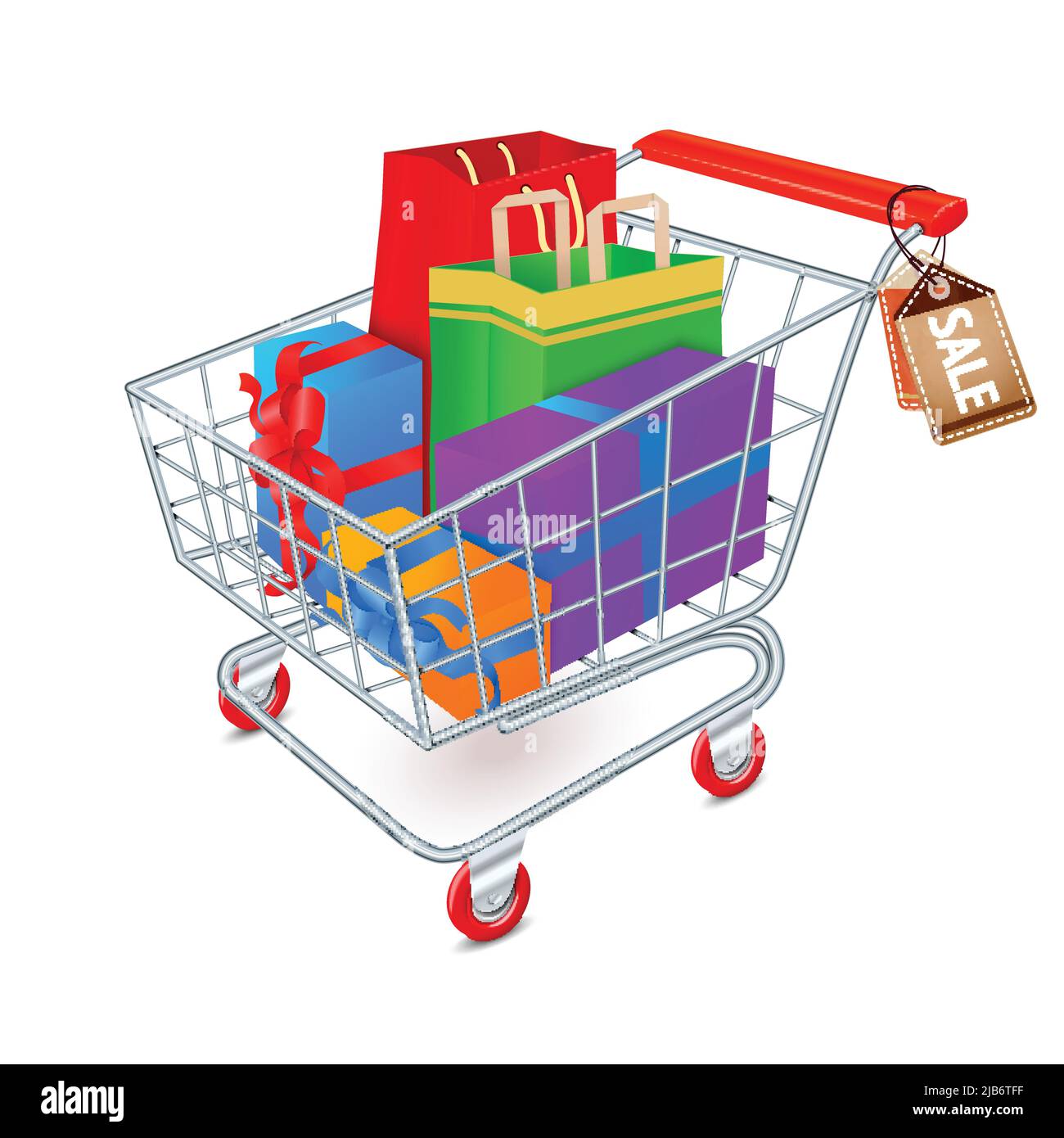 Supermarkt-Einkaufswagen 3d voll von Geschenk-Boxen und Taschen mit Verkauf Tags Vektor-illustration Stock Vektor