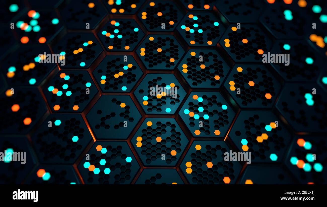 Struktur von beweglichen schwarzen Sechseckzellen mit orangefarbenen und blauen sechseckigen Lichtern, die sich zufällig ein- und ausschalten. 3D Abbildung Stockfoto