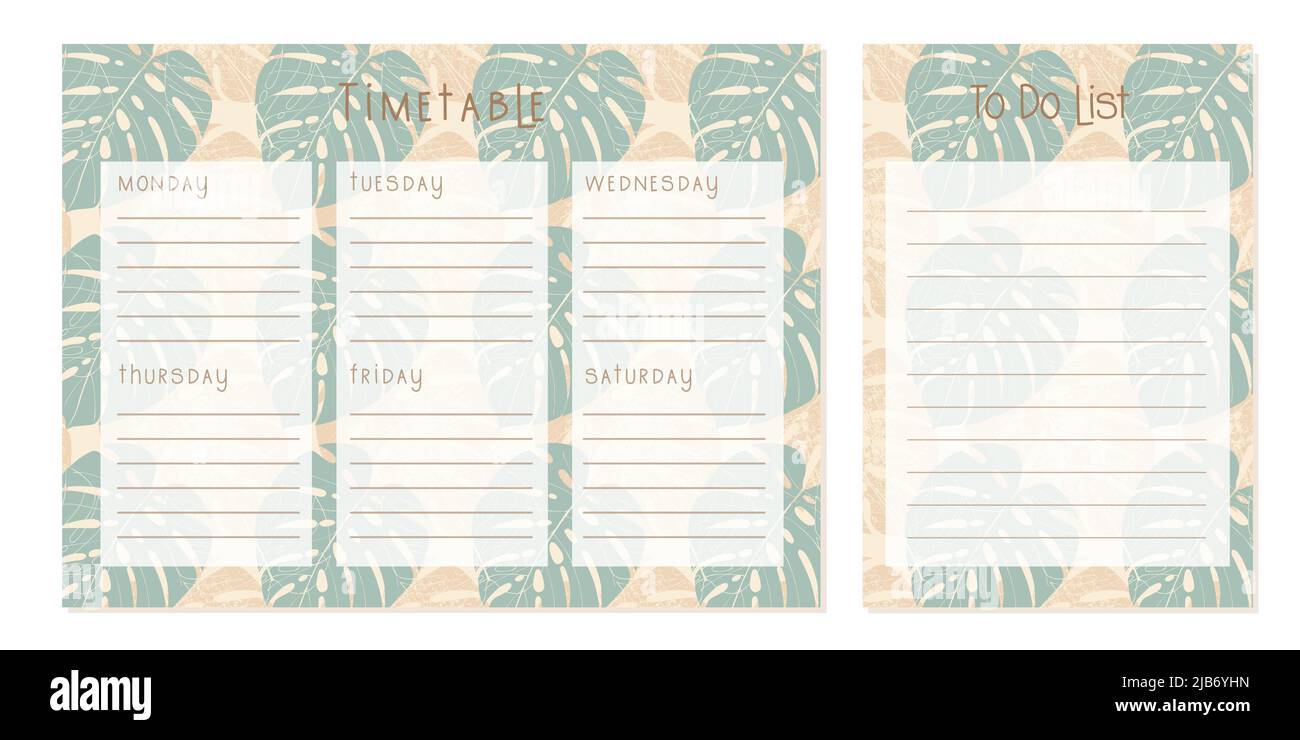 Stundenplan, Monstera-Muster, Klassenplan, Wochenkalender und To-Do-Liste. Wochenplan. Vorlage für Organizer-Informationen. Leerer Schulplan. Leere To-Do-Liste. Planung. Vektorgrafik Stock Vektor