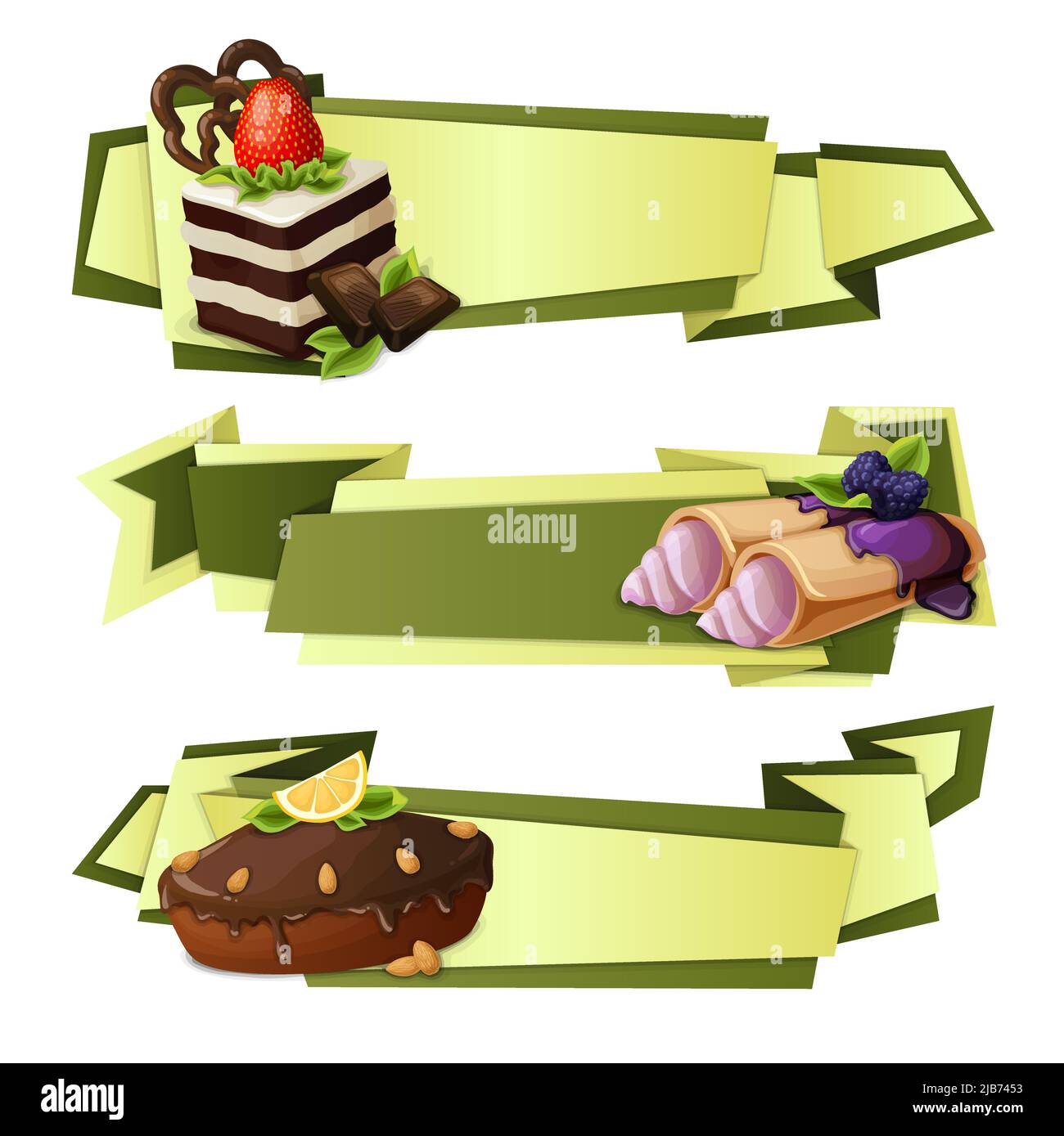 Dekorative Süßigkeiten Lebensmittel Papier Banner Set mit Schwamm Zitronenkuchen Crepes Dessert isoliert Vektor-Illustration Stock Vektor