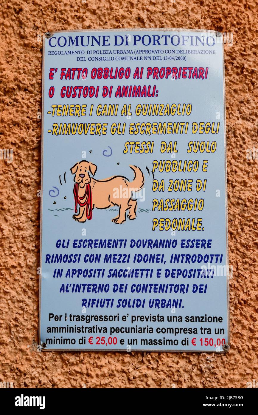 Nahaufnahme eines Schildes mit Hundebesitzern Gemeindeverordnung der Reinigung nach Ihrem Hund, mit Strafe, an einer Wand in Portofino, Genua, Ligurien, Italien Stockfoto