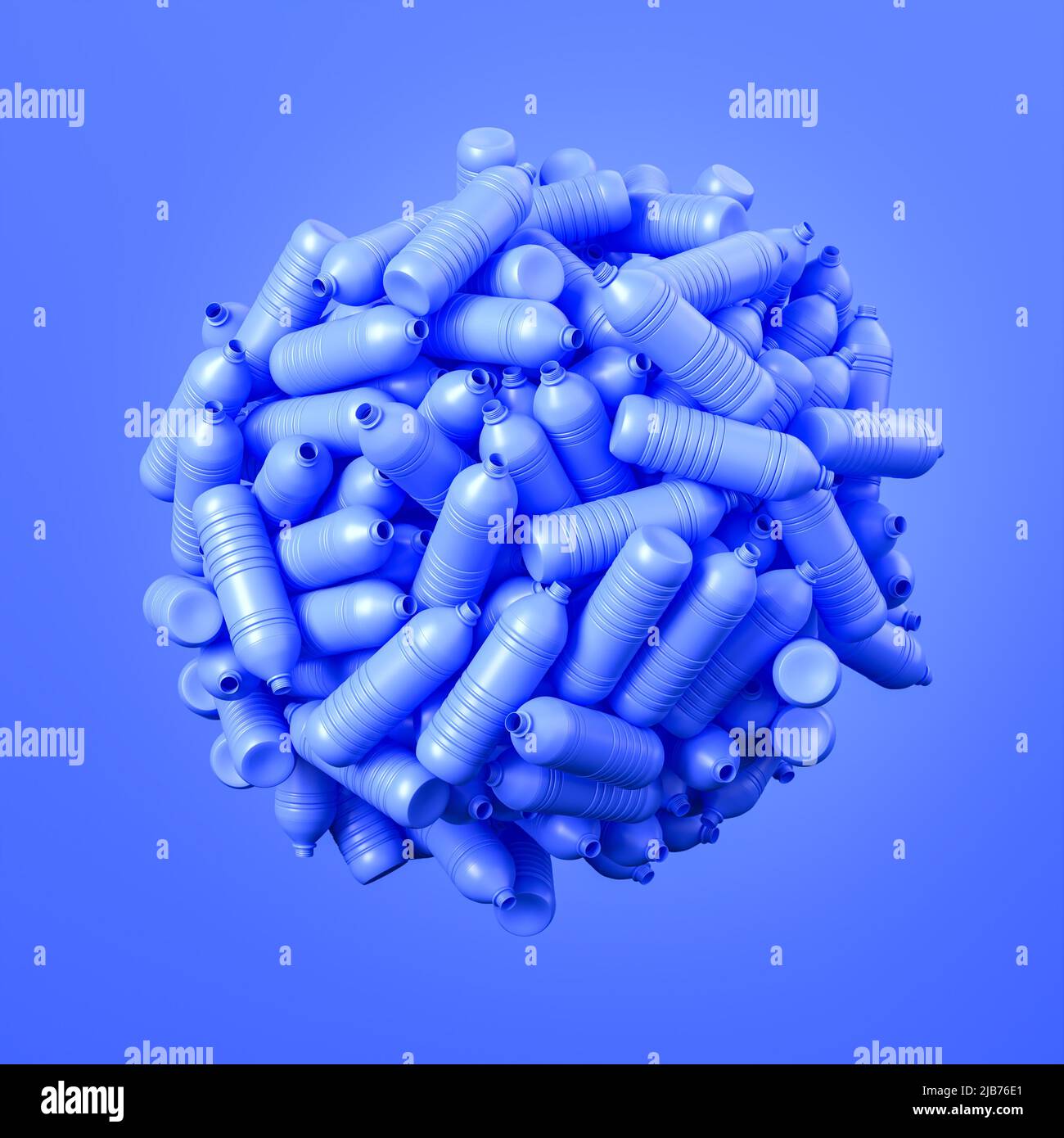 Leere blaue Plastikwasserflaschen, die einen Planeten Erde bauen. Konzept für Kunststoffabfälle, Mikroplastik und Umweltbewusstsein. Stockfoto