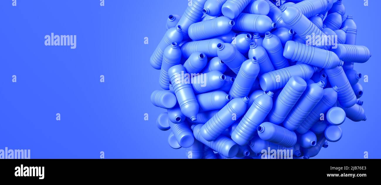 Leere blaue Plastikwasserflaschen, die einen Planeten Erde bauen. Konzept für Kunststoffabfälle, Mikroplastik und Umweltbewusstsein. Webbanner Stockfoto