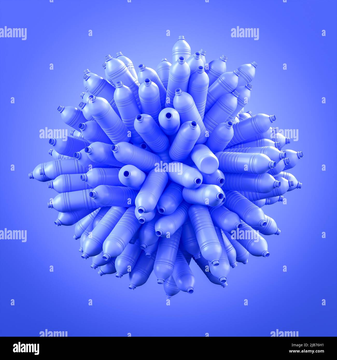 Leere blaue Plastikwasserflaschen, die einen Planeten Erde bauen. Konzept für Kunststoffabfälle, Mikroplastik und Umweltbewusstsein. Stockfoto