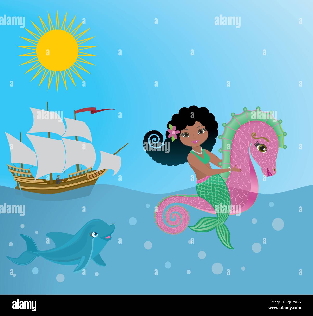 Meerjungfrau, die auf einem rosa Seepferd reitet. Dolpin sieht sie an, Segelschiff im Hintergrund. Vektorgrafik. Stock Vektor