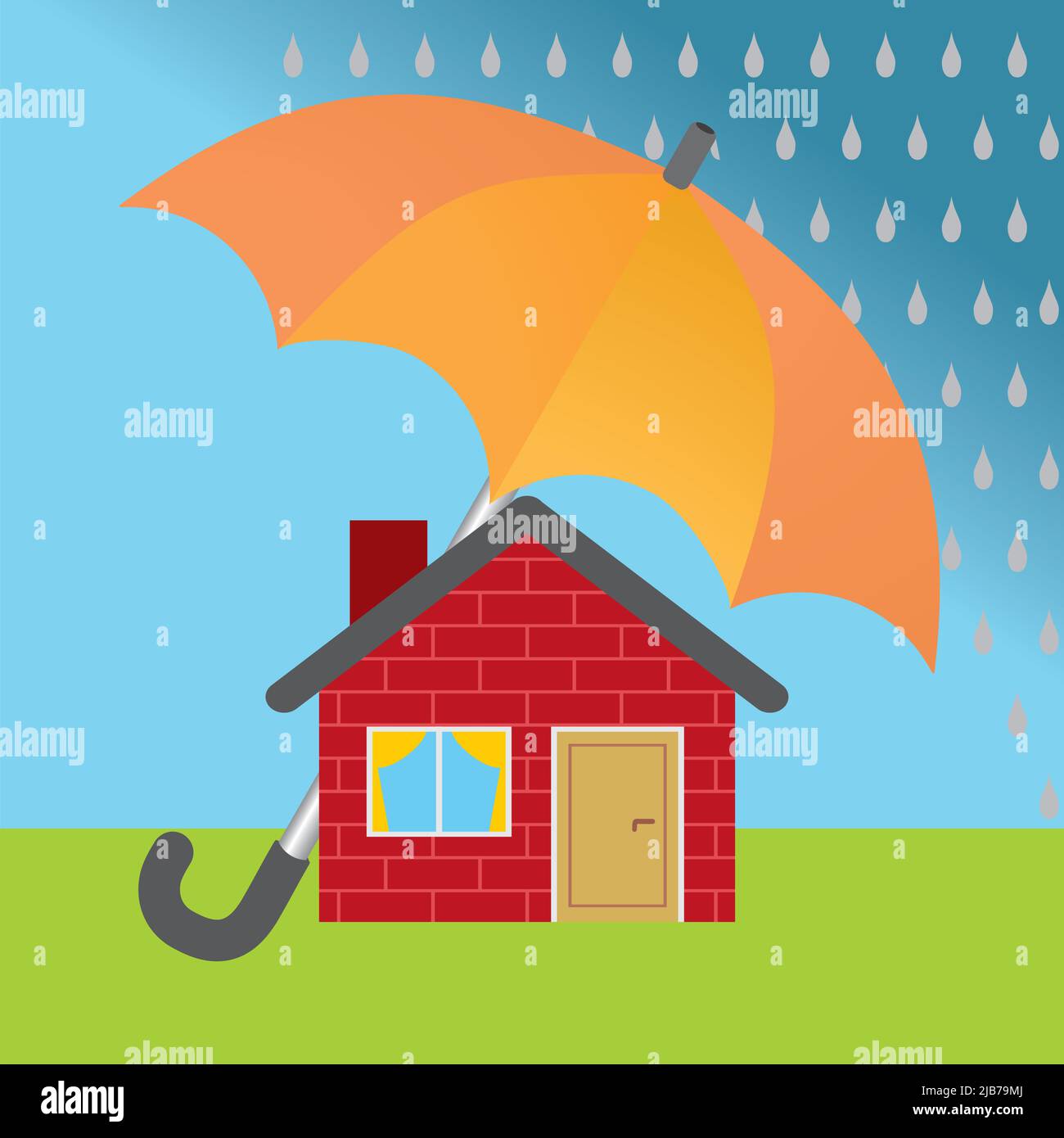 Haus geschützt mit großem Sonnenschirm vor Regen. Vektorgrafik. Quadratische Zusammensetzung. Stock Vektor