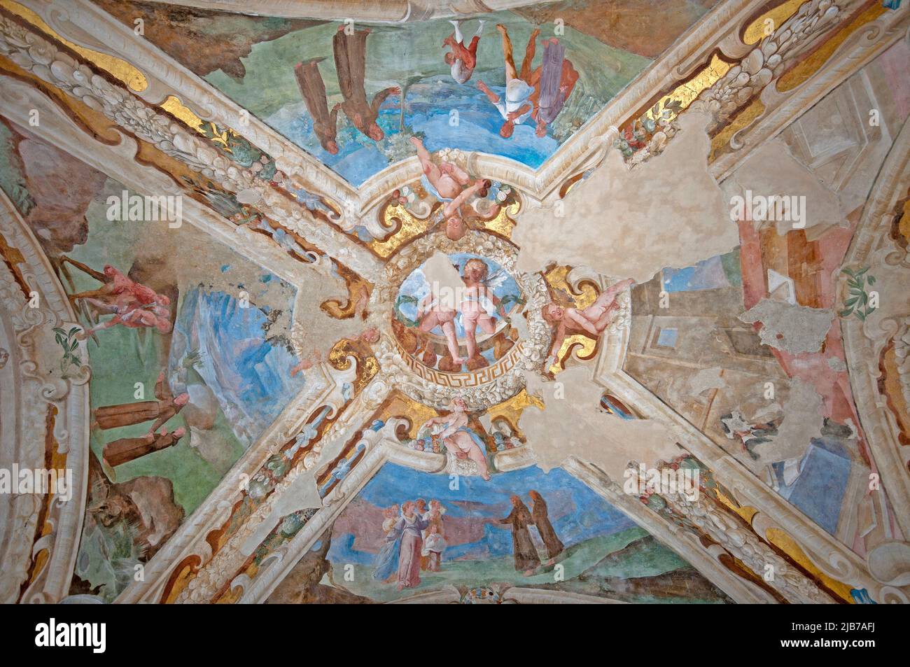 Fresko mit Szenen aus dem Leben von San Francesco (von Giuseppe Bastiani, 17.. Jahrhundert), Gewölbe der Kirche San Francesco, Schloss Alviano, Umbrien, Italien Stockfoto