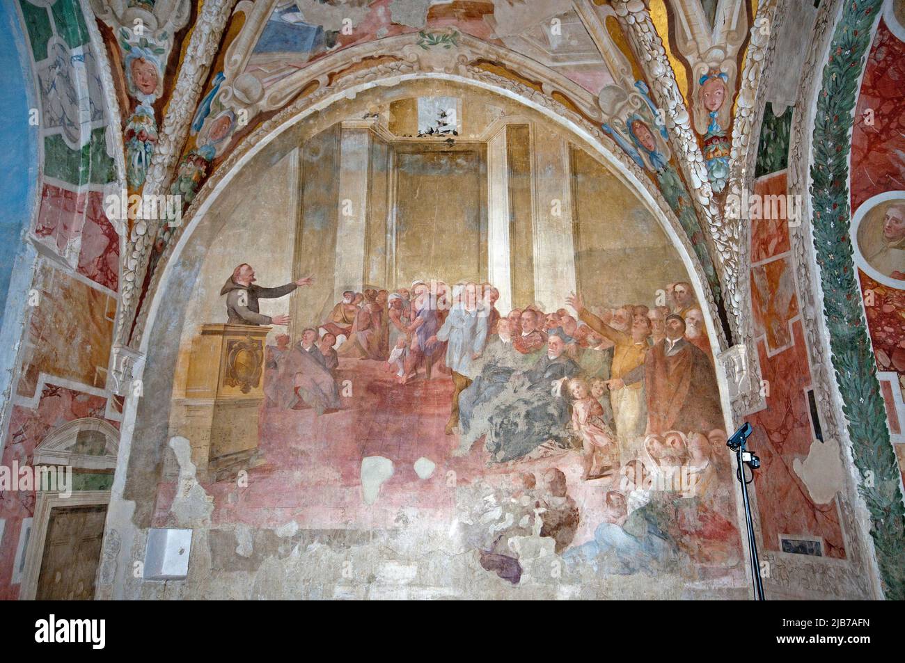 Fresko „das Wunder der Schwalben“ (von Giuseppe Bastiani, 17.. Jahrhundert) Kirche San Francesco, Burg Alviano, Umbrien, Italien Stockfoto