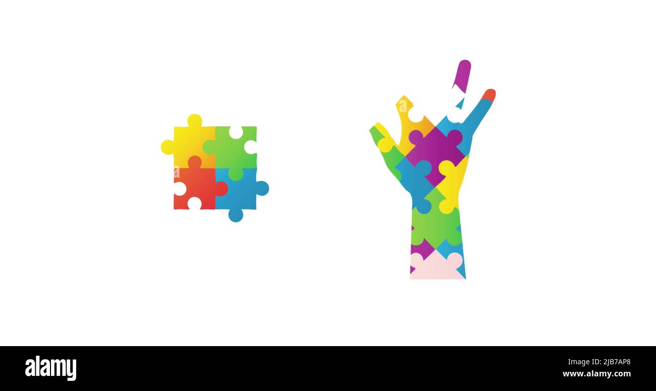 Bild von Autismus Bunte Puzzle-Stücke bilden Hand und Quadrat auf weißem Hintergrund Stockfoto